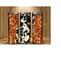 tooled leather cowhide tumbler design, 0oz skinny tumbler design, western cowhide tumbler, tooled leather tumbler png, i