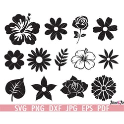 flowers svg bundle, flowers clipart, leaves svg, rose svg, circut cut files silhouette, flowers png, dxf eps vector inst