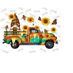 western gnome truck png sublimation design,hand drawn gnomes png,sunflowers png,gnome truck png,gnomes with bee's png,digital download