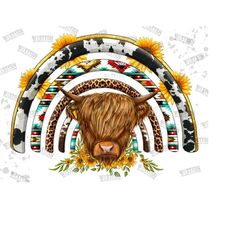 western rainbow highland cow png, watercolor highland cow png sublimation downloads, sunflower cow png, western rainbow