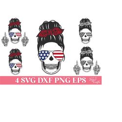 4th of july messy bun skull svg, usa patriotic messy bun skull svg, american flag skull svg, momlife skull svg, usa flag