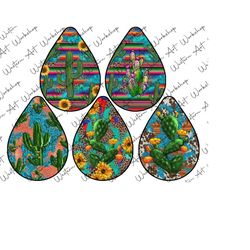 western cactus teardrop earrings png, western cactus teardrop earrings bundle png, sublimate designs bundle, serape teardrop,sublimation png