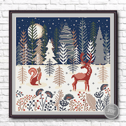 Cross Stitch Pattern PDF Winter, Deer Scandinavian, Winter Village Cross stitch, Winter House Cross Stitch 288
