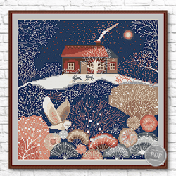 Winter Cross Stitch, Scandinavian Style Owl, Winter Forest Cross Stitch, Winter House Cross Stitch, Digital PDF  378