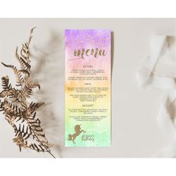 unicorn rainbow menu template pastel unicorn menu magical ombre unicorn table decor colorful watercolor dinner dessert f
