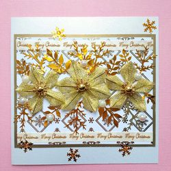 Boxed Luxury Christmas card, Gold flowers Christmas card, Christmas greeting card, Handmade Merry Christmas card