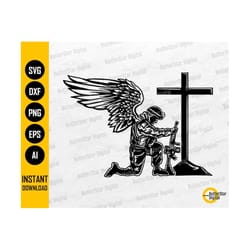 angel soldier kneeling at cross svg | army svg | dog tag rifle lord god crucifix | cricut silhouette cuttable clipart digital png eps dxf ai