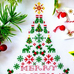 MERRY CHRISTMAS CHEERFUL TREE cross stitch pattern PDF by CrossStitchingForFun, Instant Download