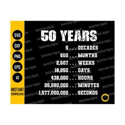 50th birthday svg | 5 decades svg | 50th birthday gift ideas | 50th birthday t-shirt | years months weeks days hours minutes | cutting files