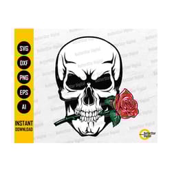 skull rose svg | skeleton biting rose svg | gothic decal t-shirt graphics | cricut silhouette cuttable clipart vector digital dxf png eps ai