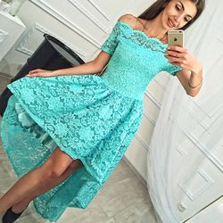 Asymmetrical turquoise lace dress with a skirt of different lengths and short sleeves prom dress