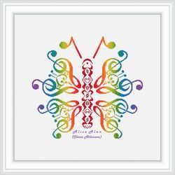 Cross stitch pattern music butterfly silhouette rainbow abstract notes treble bass clef wings counted crossstitch PDF