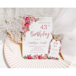 rose gold birthday invitation rose flower invitation template floral gold invitation editable party invitation for women