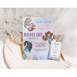 mermaid birthday invitation mermaid cake topper under the sea birthday party mermaid party  mermaid thank you tag first