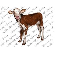 baby calf png, watercolor baby animal, farm animal clipart, cow sublimation design, watercolor hereford calf sublimation png, png designs