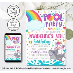 editable unicorn pool party invitation, unicorn shark invitation, pool party birthday invitation, 4x6 & 5x7