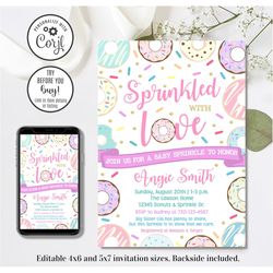 editable donut baby sprinkle invitation, donut baby shower invitation, 4x6 & 5x7
