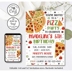 editable pizza party invitation, pizza birthday invitation, slice up some fun, pizza party, 4x6 & 5x7