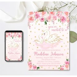 editable swan princess baby shower invitation, girl baby shower invitation, princess baby sprinkle, 4x6 & 5x7