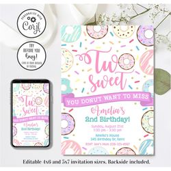 editable donut invitation, two sweet invitation, donut 2nd birthday, 2nd birthday invitation, 4x6 & 5x7