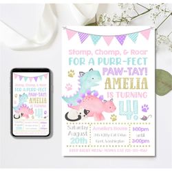 editable dinosaur invitation, kitten invitation, dinosaur birthday invitation, kitten birthday invitation, dino-kitten,