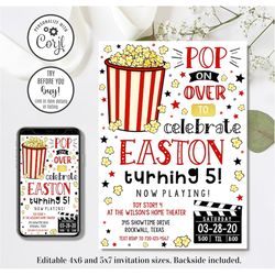 editable movie invitation, movie birthday invitation, movie theater birthday invitation, 4x6 & 5x7