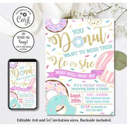 editable donut gender reveal invitation, gender reveal invitation, 4x6 & 5x7