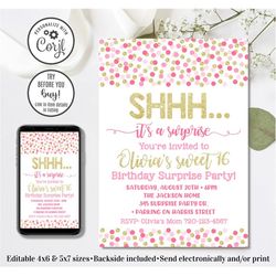 editable surprise party invitation, girl surprise party birthday invitation, surprise birthday, 4x6 & 5x7