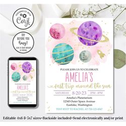 editable space 1st birthday invitation, outer space 1st birthday invitation, first trip around the sun, planets invitati
