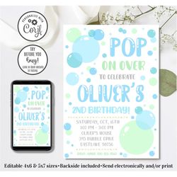 editable bubble invitation, bubble birthday invitation, pop on over, 4x6 & 5x7