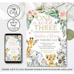 editable safari birthday invitation, 1st and 3rd birthday invitation, girl wild one, jungle animals invitation, wild and