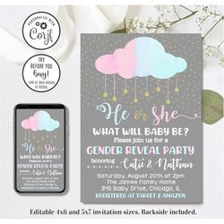 editable rain cloud gender reveal invitation, he or she gender reveal invitation, 4x6 & 5x7
