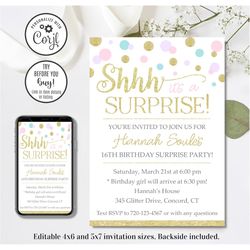 editable surprise party invitation, girl surprise party birthday invitation, 4x6 & 5x7