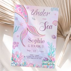 under the sea birthday invitation mermaid 3rd birthday invitation splish splash party invite ocean girl theme editable i