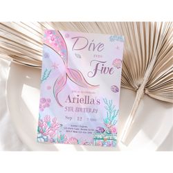 dive into five mermaid birthday invitation mermaid 5th birthday invite girl fifth under the sea party theme editable ins