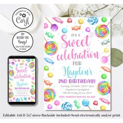 editable candy birthday invitation, candyland invitation, candy invitation, sweet celebration, 4x6 & 5x7