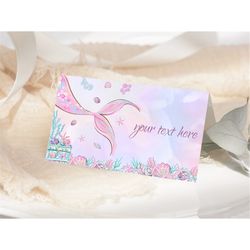 mermaid food label under the sea place card tent cards fold girl birthday party food cards buffet label pink purple edit