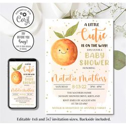 Editable A Little Cutie Baby Shower Invitation, Orange Baby Shower Invitation, Fruit Baby Shower Invite, 4x6 & 5x7