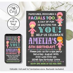 editable spa invitation, spa birthday invitation, manicures and pedicures, 4x6 & 5x7