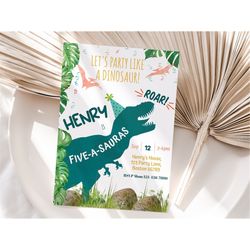 dinosaur 5th birthday invitation trex fifth birthday party invite boy green dino party invite editable template instant