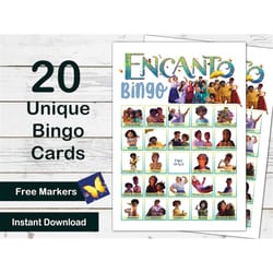 encanto bingo game 20 cards, encanto movie birthday party game printable ink friendly, mirabel antonio party activity id