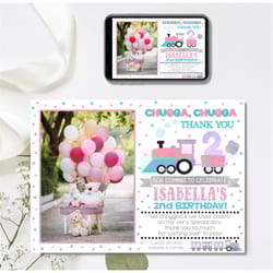 editable girl train thank you card, train birthday thank you, 4x6 & 5x7