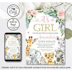 editable safari baby shower invitation, it's a girl baby shower invitation, jungle animals baby shower invitation, 4x6 &
