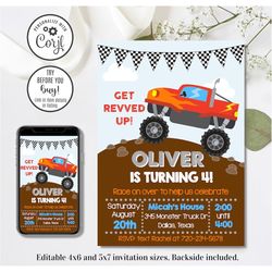 editable monster truck invitation, monster truck birthday invitation, let's get revved up, 4x6 & 5x7