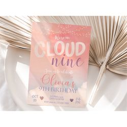 cloud 9 birthday invitation on cloud nine birthday invitation girl 9th birthday party pink cloud 9 invite editable insta