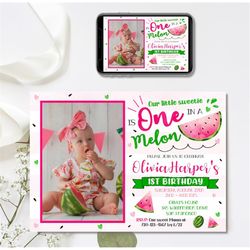 editable watermelon invitation, watermelon birthday invitation, one in a melon, 4x6 & 5x7