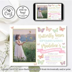 editable butterfly invitation, butterfly birthday invitation, butterfly kisses and birthday wishes, flutter on over, 4x6