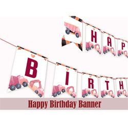 construction birthday banner dump truck decoration digger bunting decor pink excavator party construction site girl flag