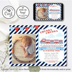 editable train invitation, train birthday invitation, chugga chugga two two, 2nd birthday invitation, 4x6 & 5x7