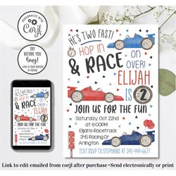 editable race car birthday invitation, 2 fast invitation, 2nd birthday invitation, racing invite, start your engines, tw